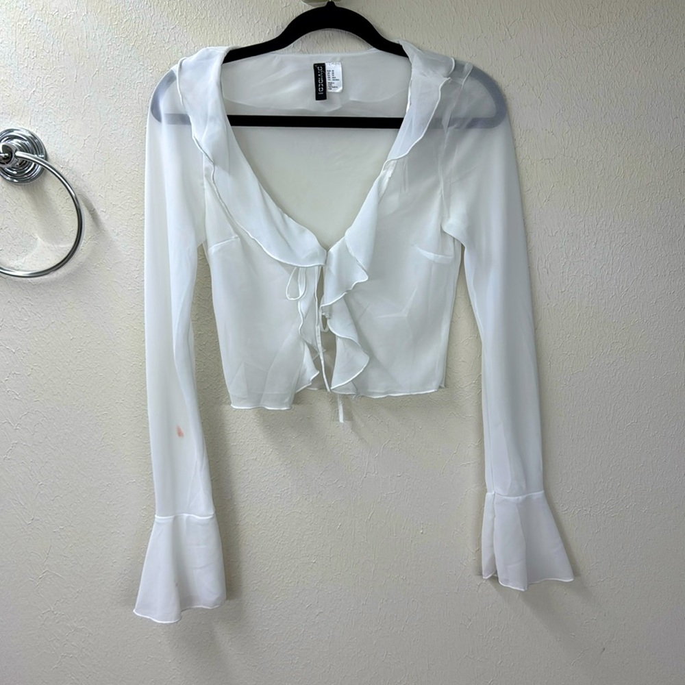 Mesh bell sleeve white front tie top H&M
